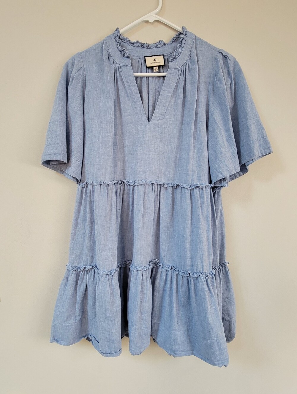 Tuckernuck Chambray Crawford Tiered Mini Dress Women Size M Babydoll Beach
